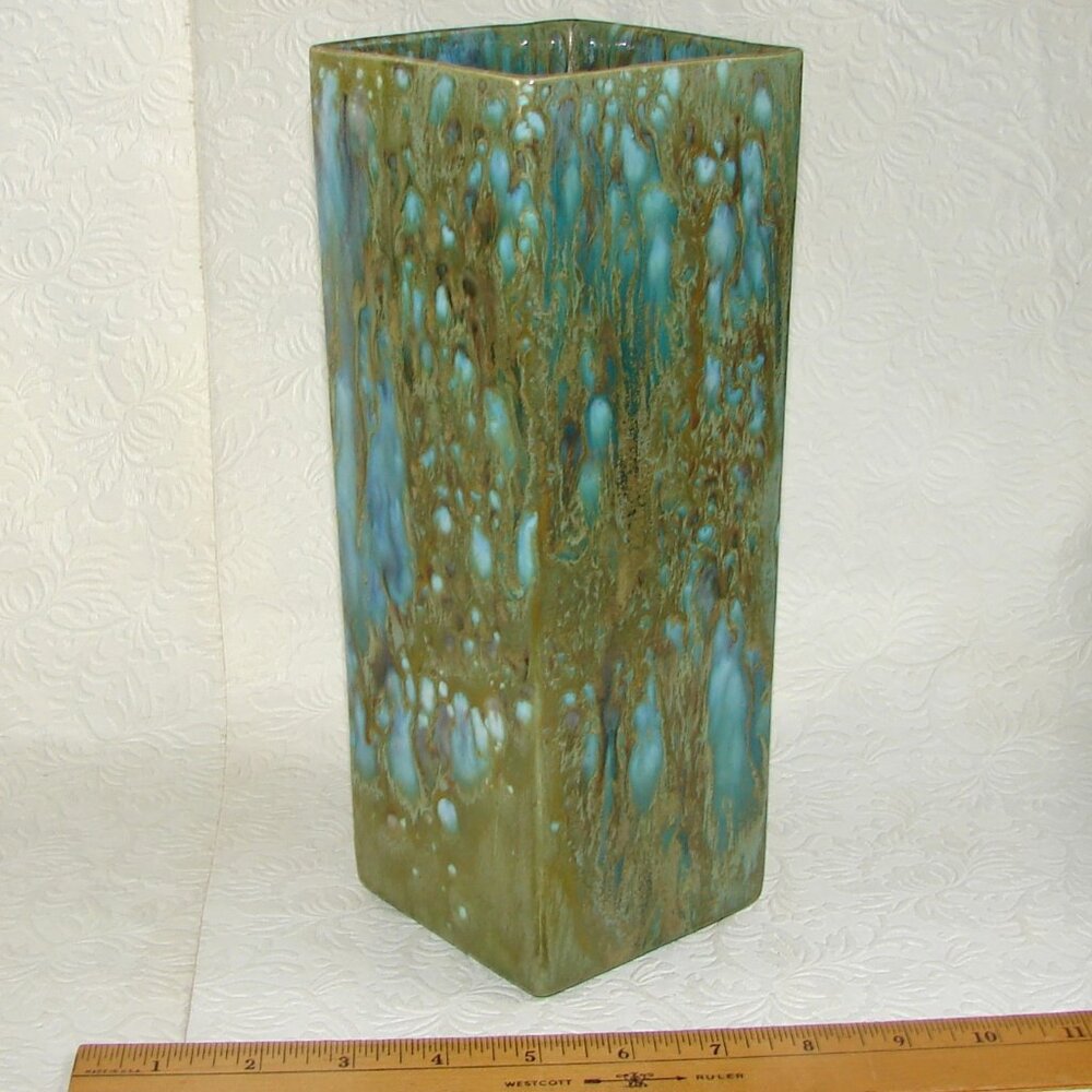 Vtg Monterey Jade Blue/Green Drip Glaze Square VASE, California Pottery MCM MJ3